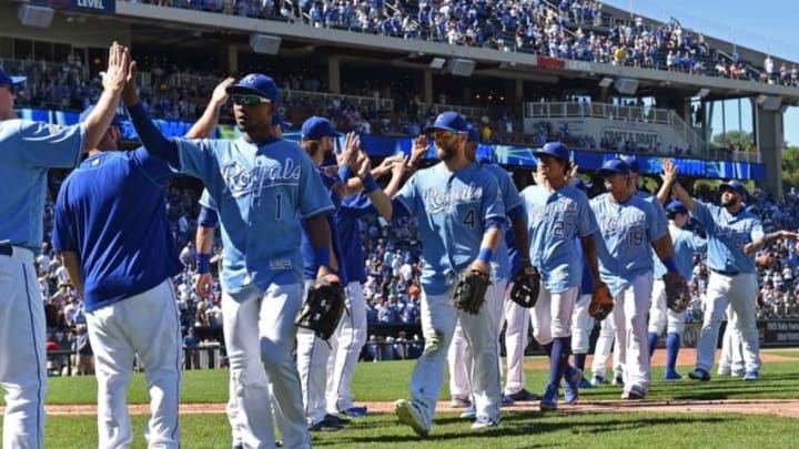 Aug 21, 2016; Kansas City, MO, USA; The Kansas City Royals celebrate after defeating and sweeping the Minnesota Twins at Kauffman Stadium. Mandatory Credit: Peter G. Aiken-USA TODAY Sports