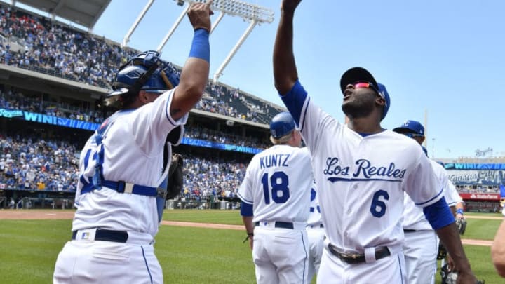 KANSAS CITY, MO - JUNE 24: Salvador Perez #13 of the Kansas City Royals and Lorenzo Cain #6 celebrate a 3-2 win over the Toronto Blue Jays at Kauffman Stadium on June 24, 2017 in Kansas City, Missouri. (Photo by Ed Zurga/Getty Images)