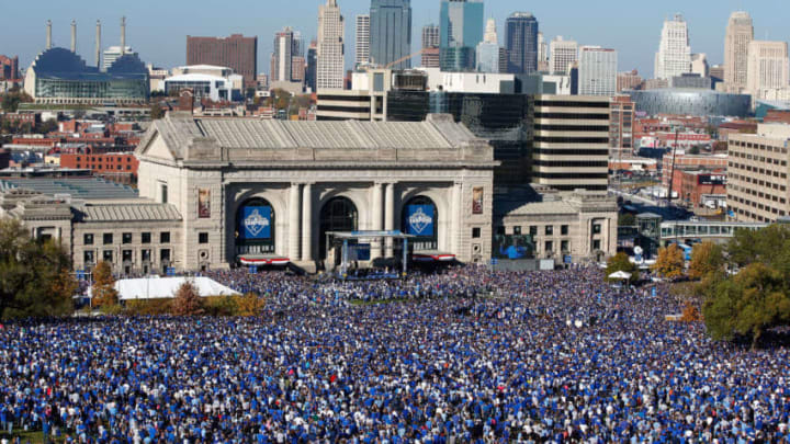 KANSAS CITY, MO - NOVEMBER 03: A general view of crowds gathered in front of Union Station as the Kansas City Royals players hold a rally and celebration following a parade in honor of their World Series win on November 3, 2015 in Kansas City, Missouri. (Photo by Jamie Squire/Getty Images)