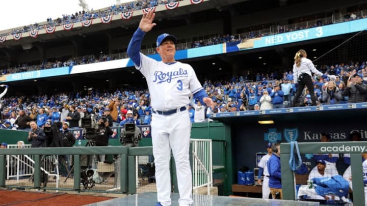 KANSAS CITY, MO - MARCH 29: Manager Ned Yost #3 of the Kansas City Royals waves during introductions prior to the game between the Chicago White Sox and the Kansas City Royals on Opening Day at Kauffman Stadium on March 29, 2018 in Kansas City, Missouri. (Photo by Jamie Squire/Getty Images)
