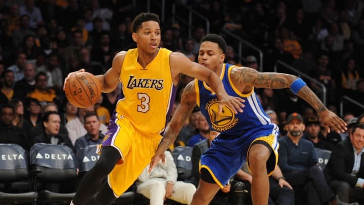January 5, 2016; Los Angeles, CA, USA; Los Angeles Lakers forward Anthony Brown (3) moves to the basket against Golden State Warriors forward Brandon Rush (4) during the second half at Staples Center. Mandatory Credit: Gary A. Vasquez-USA TODAY Sports