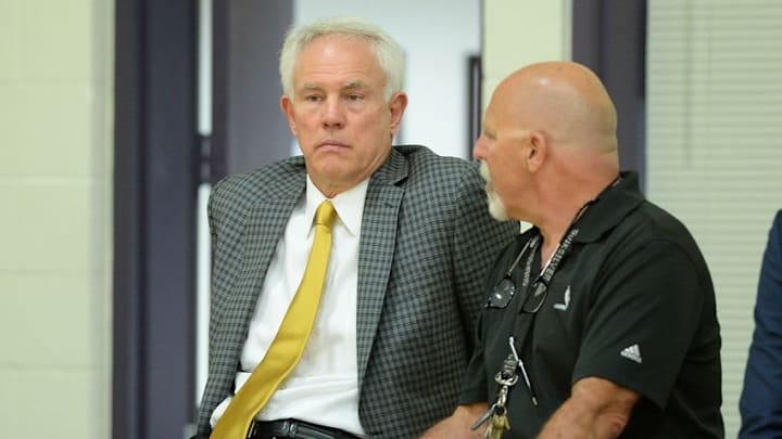 Jun 29, 2015; Los Angeles, CA, USA; Los Angeles Lakers general manager Mitch Kupchak and head trainer Gary Vitti during today