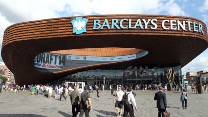 Jun 26, 2014; Brooklyn, NY, USA; A general view of the arena exterior before the 2014 NBA Draft at the Barclays Center. Mandatory Credit: Brad Penner-USA TODAY Sports