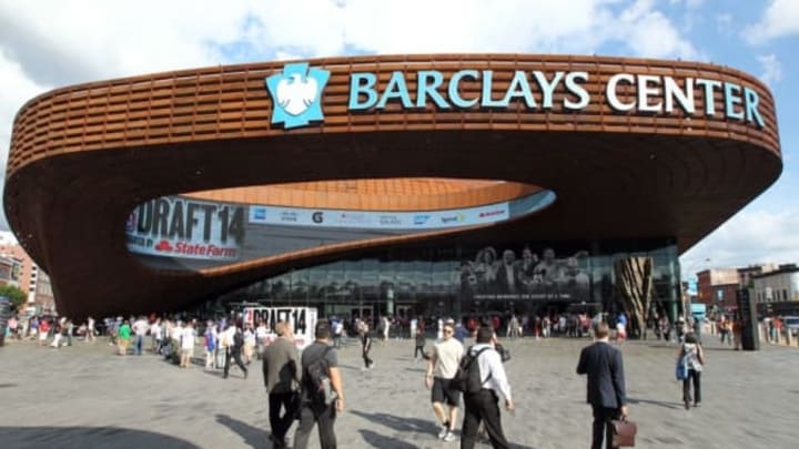 Jun 26, 2014; Brooklyn, NY, USA; A general view of the arena exterior before the 2014 NBA Draft at the Barclays Center. Mandatory Credit: Brad Penner-USA TODAY Sports