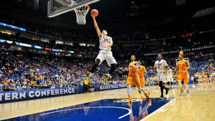 Mar 11, 2016; Nashville, TN, USA; LSU Tigers forward Ben Simmons (25) drives to the basket for a lay up against the Tennessee Volunteers during the second half of game seven of the SEC tournament at Bridgestone Arena. LSU won 84-75. Mandatory Credit: Jim Brown-USA TODAY Sports