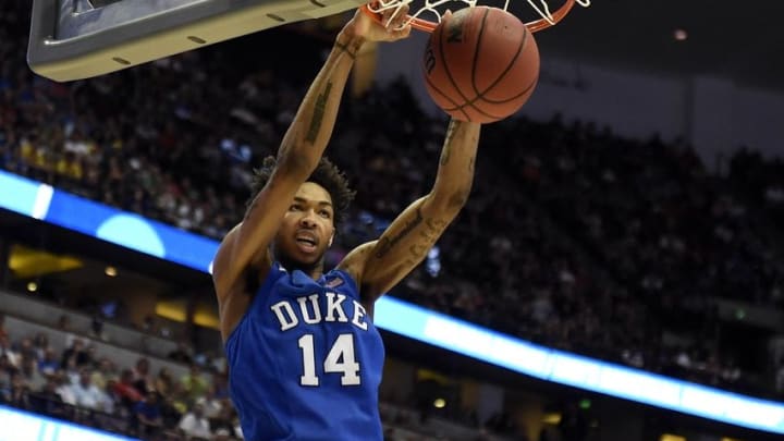 March 24, 2016; Anaheim, CA, USA; Duke Blue Devils guard Brandon Ingram (14) dunks to score a basket against Oregon Ducks during the second half of the semifinal game in the West regional of the NCAA Tournament at Honda Center. Mandatory Credit: Richard Mackson-USA TODAY Sports