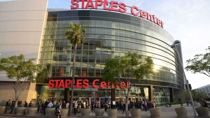 Apr 22, 2016; Los Angeles, CA, USA; General view of the Staples Center before game five of the first round of the 2016 Stanley Cup Playoffs between the Los Angeles Kings and the San Jose Sharks. Mandatory Credit: Kirby Lee-USA TODAY Sports