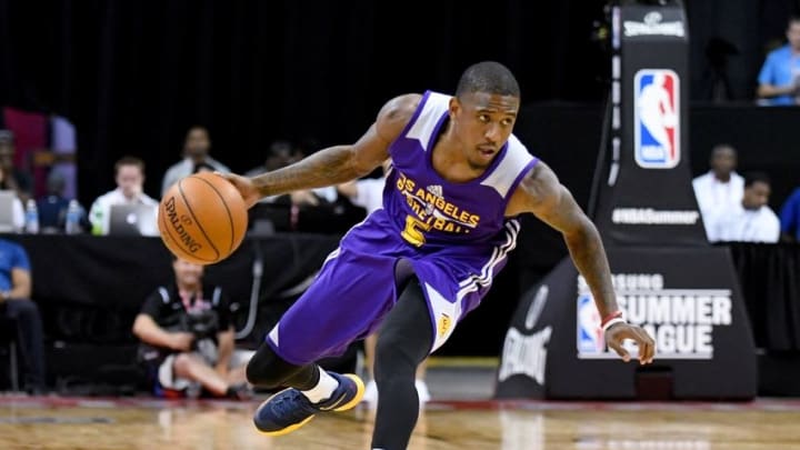 Jul 8, 2016; Las Vegas, NV, USA; Los Angeles Lakers guard Xavier Munford (5) dribbles the ball during an NBA Summer League game against the New Orleans Pelicans at Thomas & Mack Center. Mandatory Credit: Stephen R. Sylvanie-USA TODAY Sports