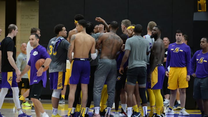 EL SEGUNDO, CA - SEPTEMBER 25: The Los Angeles Lakers huddle up during practice at UCLA Health Training Center on September 25, 2018 in El Segundo, California. NOTE TO USER: User expressly acknowledges and agrees that, by downloading and/or using this Photograph, user is consenting to the terms and conditions of the Getty Images License Agreement. Mandatory Copyright Notice: Copyright 2018 NBAE (Photo by Andrew D. Bernstein/NBAE via Getty Images)