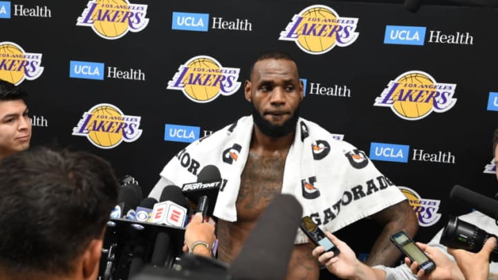 EL SEGUNDO, CA - SEPTEMBER 25: LeBron James #23 of the Los Angeles Lakers talks to the media after practice at UCLA Health Training Center on September 25, 2018 in El Segundo, California. NOTE TO USER: User expressly acknowledges and agrees that, by downloading and/or using this Photograph, user is consenting to the terms and conditions of the Getty Images License Agreement. Mandatory Copyright Notice: Copyright 2018 NBAE (Photo by Andrew D. Bernstein/NBAE via Getty Images)