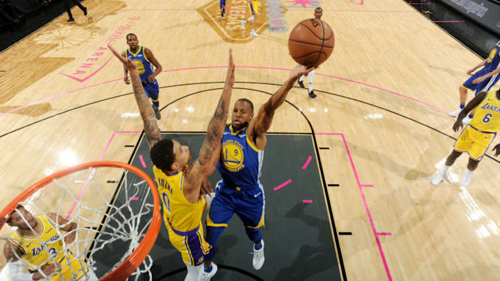 LAS VEGAS, NV- OCTOBER 10: Andre Iguodala #9 of the Golden State Warriors shoots the ball against the Los Angeles Lakers during a pre-season game on October 10, 2018 at T-Mobile Arena in Las Vegas, Nevada. NOTE TO USER: User expressly acknowledges and agrees that, by downloading and/or using this Photograph, user is consenting to the terms and conditions of the Getty Images License Agreement. Mandatory Copyright Notice: Copyright 2018 NBAE (Photo by Andrew D. Bernstein/NBAE via Getty Images)