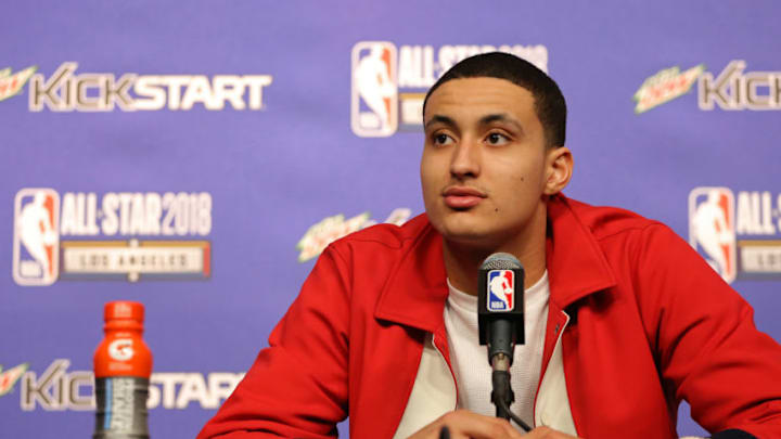 LOS ANGELES, CA - FEBRUARY 16: Kyle Kuzma #0 of Team USA talks to the media during a press conference after the Mountain Dew Kickstart Rising Stars Game as part of All-Star Friday Night at 2018 NBA All-Star Weekend at the STAPLES Center on February 16, 2018 in Los Angeles, California. NOTE TO USER: User expressly acknowledges and agrees that, by downloading and/or using this photograph, user is consenting to the terms and conditions of the Getty Images License Agreement. Mandatory Copyright Notice: Copyright 2018 NBAE (Photo by Steven Baffo/NBAE via Getty Images)