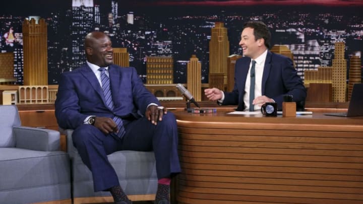 THE TONIGHT SHOW STARRING JIMMY FALLON -- Episode 0755 -- Pictured: (l-r) Shaquille O'Neal during an interview with host Jimmy Fallon on October 10, 2017 -- (Photo by: Andrew Lipovsky/NBC/NBCU Photo Bank via Getty Images)