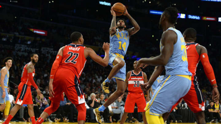 LOS ANGELES, CA - OCTOBER 25: Brandon Ingram #14 of the Los Angeles Lakers attempts a jump shot against Otto Porter Jr. of the Washington Wizards on October 25, 2017 at STAPLES Center in Los Angeles, California. NOTE TO USER: User expressly acknowledges and agrees that, by downloading and or using this photograph, User is consenting to the terms and conditions of the Getty Images License Agreement. (Photo by Robert Laberge/Getty Images) LOS ANGELES, CA - OCTOBER 25: Brandon Ingram #14 of the Los Angeles Lakers attempts a jump shot against Otto Porter Jr. of the Washington Wizards on October 25, 2017 at STAPLES Center in Los Angeles, California. NOTE TO USER: User expressly acknowledges and agrees that, by downloading and or using this photograph, User is consenting to the terms and conditions of the Getty Images License Agreement. (Photo by Robert Laberge/Getty Images)