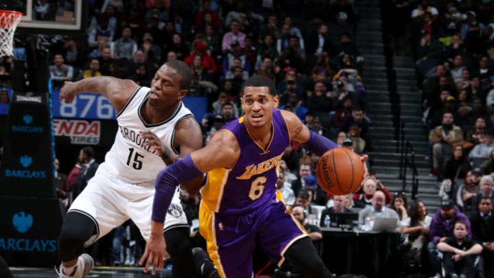 BROOKLYN, NY - December 14: Jordan Clarkson #6 of the Los Angeles Lakers during a game between the Los Angeles Lakers and the Brooklyn Nets on December 14, 2016 at Barclays Center in Brooklyn, NY. NOTE TO USER: User expressly acknowledges and agrees that, by downloading and/or using this Photograph, user is consenting to the terms and conditions of the Getty Images License Agreement. Mandatory Copyright Notice: Copyright 2016 NBAE (Photo by Nathaniel S. Butler/NBAE via Getty Images)