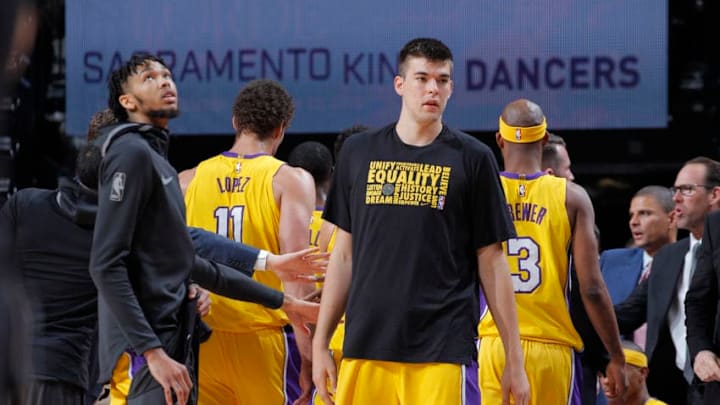 SACRAMENTO, CA - FEBRUARY 24: Ivica Zubac #40 of the Los Angeles Lakers looks on during the game against the Sacramento Kings on February 24, 2018 at Golden 1 Center in Sacramento, California. NOTE TO USER: User expressly acknowledges and agrees that, by downloading and or using this photograph, User is consenting to the terms and conditions of the Getty Images Agreement. Mandatory Copyright Notice: Copyright 2018 NBAE (Photo by Rocky Widner/NBAE via Getty Images)