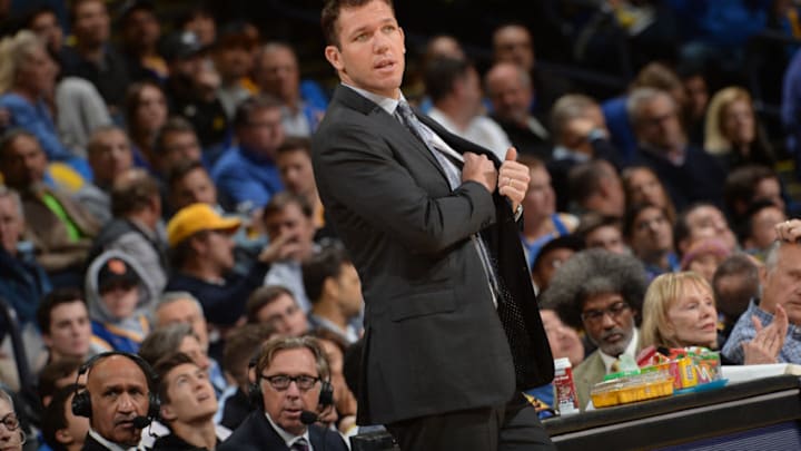 OAKLAND, CA - MARCH 14: Head Coach Luke Walton of the Los Angeles Lakers looks on during the game against the Golden State Warriors on March 14, 2018 at ORACLE Arena in Oakland, California. NOTE TO USER: User expressly acknowledges and agrees that, by downloading and or using this photograph, user is consenting to the terms and conditions of Getty Images License Agreement. Mandatory Copyright Notice: Copyright 2018 NBAE (Photo by Noah Graham/NBAE via Getty Images)