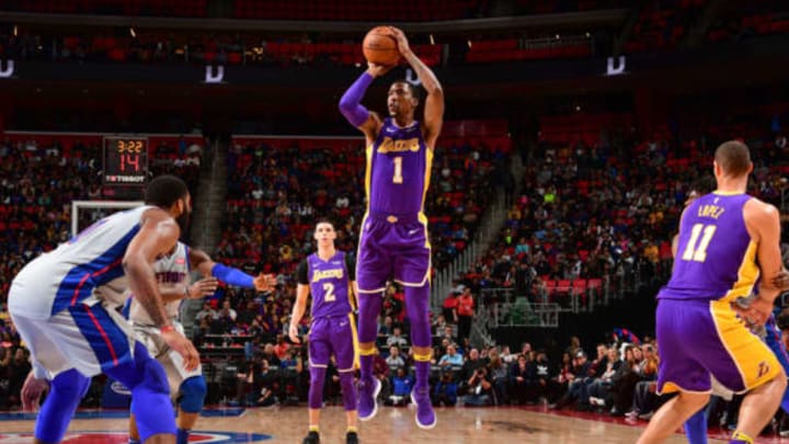 DETROIT, MI – MARCH 26: Kentavious Caldwell-Pope #1 of the Los Angeles Lakers shoots the ball against the Detroit Pistons on March 26, 2018 at Little Caesars Arena in Detroit, Michigan. NOTE TO USER: User expressly acknowledges and agrees that, by downloading and/or using this photograph, user is consenting to the terms and conditions of the Getty Images License Agreement. Mandatory Copyright Notice: Copyright 2018 NBAE (Photo by Chris Schwegler/NBAE via Getty Images)
