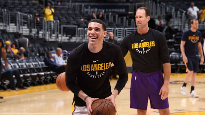 LOS ANGELES, CA - APRIL 8: Lonzo Ball #2 of the Los Angeles Lakers warms up before the game against the Utah Jazz on April 8, 2018 at STAPLES Center in Los Angeles, California. NOTE TO USER: User expressly acknowledges and agrees that, by downloading and/or using this Photograph, user is consenting to the terms and conditions of the Getty Images License Agreement. Mandatory Copyright Notice: Copyright 2018 NBAE (Photo by Adam Pantozzi/NBAE via Getty Images) LOS ANGELES, CA - APRIL 8: Lonzo Ball #2 of the Los Angeles Lakers warms up before the game against the Utah Jazz on April 8, 2018 at STAPLES Center in Los Angeles, California. NOTE TO USER: User expressly acknowledges and agrees that, by downloading and/or using this Photograph, user is consenting to the terms and conditions of the Getty Images License Agreement. Mandatory Copyright Notice: Copyright 2018 NBAE (Photo by Adam Pantozzi/NBAE via Getty Images)