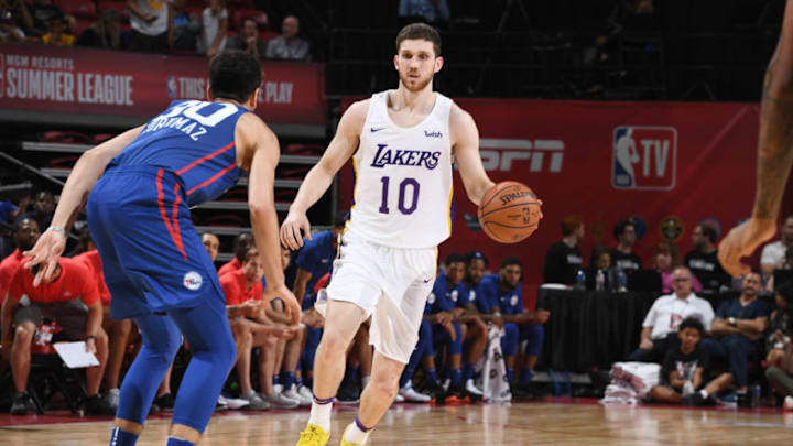 LAS VEGAS, NV - JULY 7: Svi Mykhailiuk #10 of the Los Angeles Lakers handles the ball against the the Philadelphia 76ers during the 2018 Las Vegas Summer League on July 7, 2018 at the Thomas & Mack Center in Las Vegas, Nevada. NOTE TO USER: User expressly acknowledges and agrees that, by downloading and/or using this Photograph, user is consenting to the terms and conditions of the Getty Images License Agreement. Mandatory Copyright Notice: Copyright 2018 NBAE (Photo by Garrett Ellwood/NBAE via Getty Images)