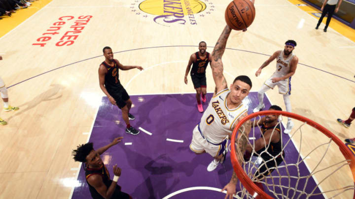 LOS ANGELES, CA - JANUARY 13: Kyle Kuzma #0 of the Los Angeles Lakers dunks the ball against the Cleveland Cavaliers on January 13, 2019 at STAPLES Center in Los Angeles, California. NOTE TO USER: User expressly acknowledges and agrees that, by downloading and/or using this Photograph, user is consenting to the terms and conditions of the Getty Images License Agreement. Mandatory Copyright Notice: Copyright 2019 NBAE (Photo by Andrew D. Bernstein/NBAE via Getty Images)
