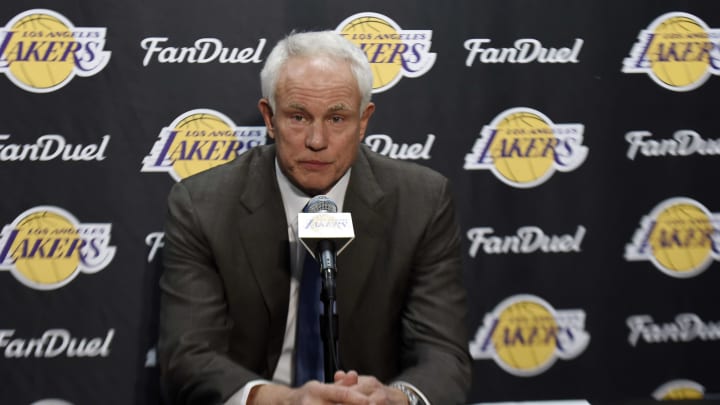 Nov 29, 2015; Los Angeles, CA, USA; Los Angeles Lakers general manager Mitch Kupchak speaks to the media before the game against the Indiana Pacers at Staples Center. Mandatory Credit: Richard Mackson-USA TODAY Sports