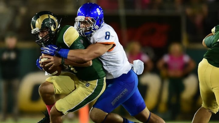 Colorado State quarterback Nick Stevens (left) is sacked by Boise State Broncos defensive lineman Kamalei Correa (8). Austin Humphreys/The Coloradoan via USA TODAY Sports