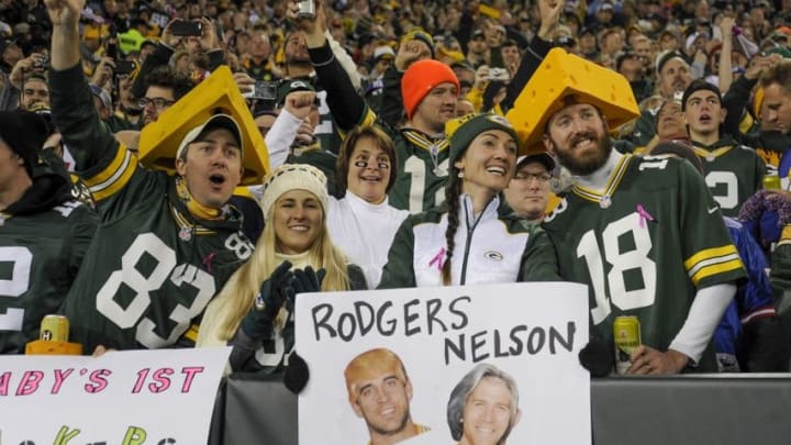 Oct 9, 2016; Green Bay, WI, USA; Green Bay Packers fans cheer during game against the New York Giants at Lambeau Field. Mandatory Credit: Benny Sieu-USA TODAY Sports