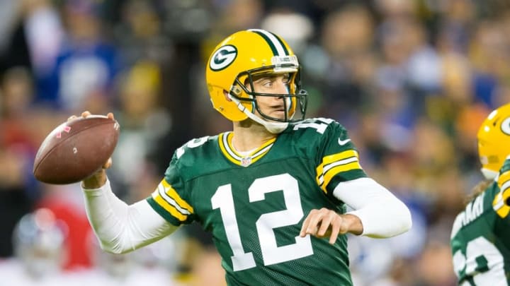 Oct 9, 2016; Green Bay, WI, USA; Green Bay Packers quarterback Aaron Rodgers (12) during the game against the New York Giants at Lambeau Field. Green Bay won 23-16. Mandatory Credit: Jeff Hanisch-USA TODAY Sports