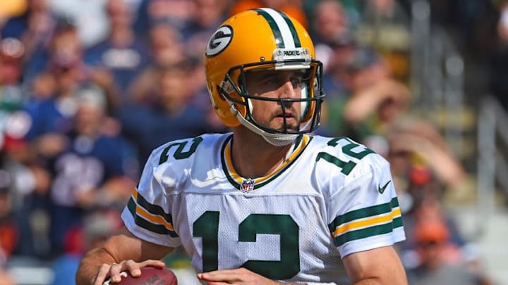 Sep 13, 2015; Chicago, IL, USA; Green Bay Packers quarterback Aaron Rodgers (12) during the second half at Soldier Field. Green Bay Packers defeats the Chicago Bears 31-23. Mandatory Credit: Mike DiNovo-USA TODAY Sports