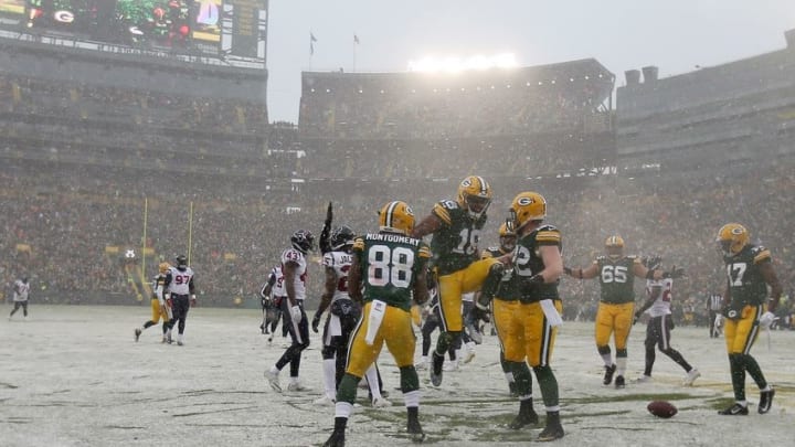 Dec 4, 2016; Green Bay, WI, USA; Green Bay Packers player Randall Cobb (18) celebrates with teammates after catching a touchdown pass in the second quarter against the Houston Texans at Lambeau Field. Mandatory Credit: William Glasheen/The Post-Crescent via USA TODAY Sports