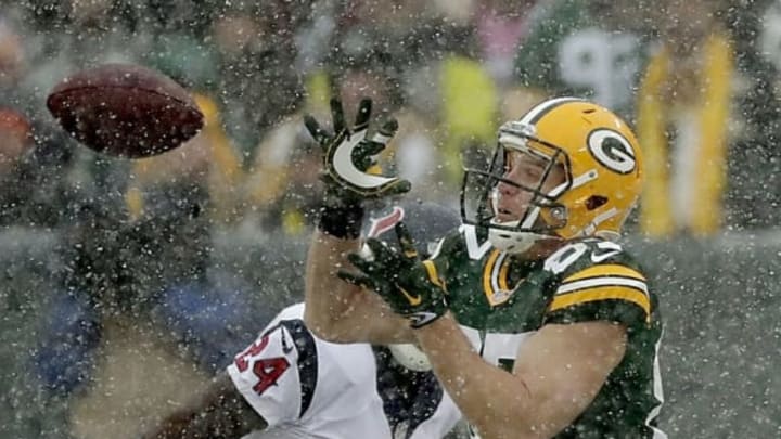 Dec 4, 2016; Green Bay, WI, USA; Green Bay Packers wide receiver Jordy Nelson (87) catches a pass against the Houston Texans cornerback Johnathan Joseph (24) at Lambeau Field. Mandatory Credit: Jim Matthews/Green Bay Press Gazette via USA TODAY Sports