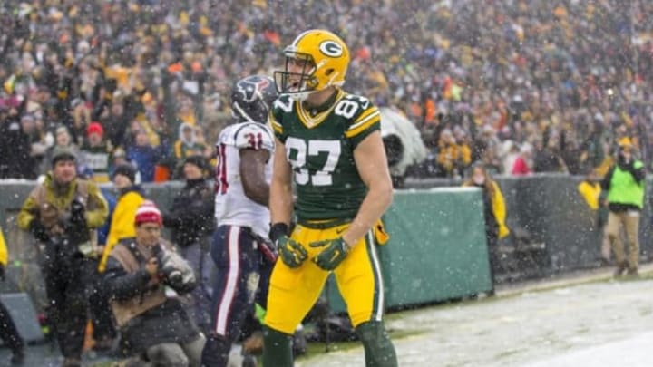 Dec 4, 2016; Green Bay, WI, USA; Green Bay Packers wide receiver Jordy Nelson (87) celebrates after scoring a touchdown during the fourth quarter against the Houston Texans at Lambeau Field. Green Bay won 21-13. Mandatory Credit: Jeff Hanisch-USA TODAY Sports