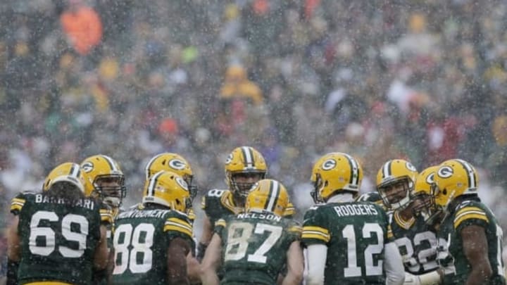 Dec 4, 2016; Green Bay, WI, USA; The Packers offense huddles in the fourth quarter as the Green Bay Packers host the Houston Texans at Lambeau Field. Mandatory Credit: Adam Wesley/Green Bay Press Gazette via USA TODAY Sports