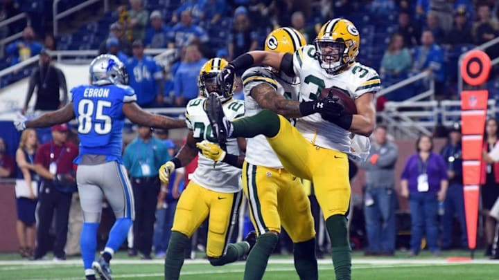 Jan 1, 2017; Detroit, MI, USA; Green Bay Packers strong safety Micah Hyde (33) celebrates an interception during the fourth quarter against the Detroit Lions at Ford Field. Mandatory Credit: Tim Fuller-USA TODAY Sports