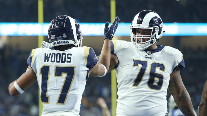 DETROIT, MI – DECEMBER 02: Robert Woods #17 of the Los Angeles Rams celebrates his touchdown catch with Rodger Saffold #76 of the Los Angeles Rams against the Detroit Lions during the second quarter at Ford Field on December 2, 2018 in Detroit, Michigan. (Photo by Leon Halip/Getty Images)