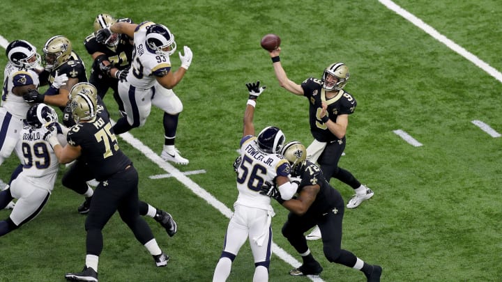 NEW ORLEANS, LOUISIANA – JANUARY 20: Drew Brees #9 of the New Orleans Saints throws a pass against the Los Angeles Rams during the first quarter in the NFC Championship game at the Mercedes-Benz Superdome on January 20, 2019 in New Orleans, Louisiana. (Photo by Jonathan Bachman/Getty Images)
