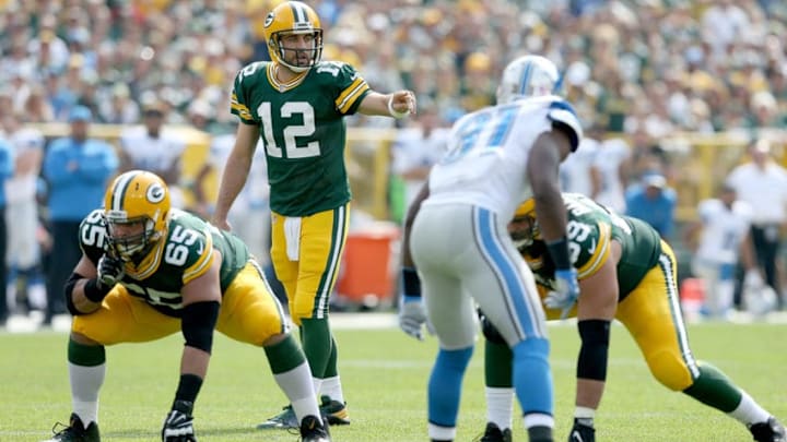 GREEN BAY, WI - SEPTEMBER 25: Aaron Rodgers #12 of the Green Bay Packers calls out a play in the first quarter against the Detroit Lions at Lambeau Field on September 25, 2016 in Green Bay, Wisconsin. (Photo by Dylan Buell/Getty Images)