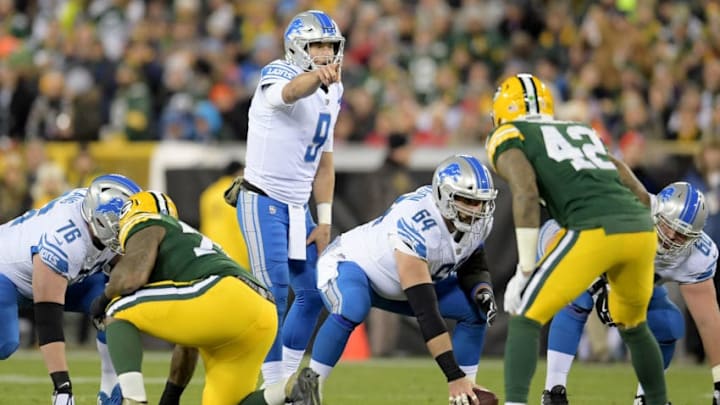GREEN BAY, WI - NOVEMBER 06: Matthew Stafford #9 of the Detroit Lions calls out instructions in the first quarter against the Green Bay Packers at Lambeau Field on November 6, 2017 in Green Bay, Wisconsin. (Photo by Stacy Revere/Getty Images) GREEN BAY, WI - NOVEMBER 06: Matthew Stafford #9 of the Detroit Lions calls out instructions in the first quarter against the Green Bay Packers at Lambeau Field on November 6, 2017 in Green Bay, Wisconsin. (Photo by Stacy Revere/Getty Images)