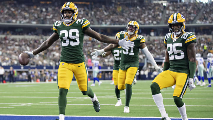 ARLINGTON, TX – OCTOBER 6: Chandon Sullivan #39 of the Green Bay Packers runs to the end zone to celebrate after intercepting a pass during a game against the Dallas Cowboys at AT&T Stadium on October 6, 2019 in Arlington, Texas. (Photo by Wesley Hitt/Getty Images)