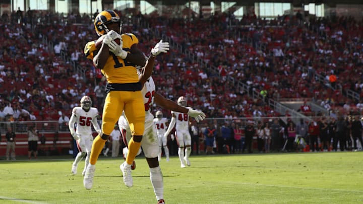 SANTA CLARA, CA - OCTOBER 21: Brandin Cooks #12 of the Los Angeles Rams catches a touchdown against the San Francisco 49ers during their NFL game at Levi's Stadium on October 21, 2018 in Santa Clara, California. (Photo by Ezra Shaw/Getty Images)