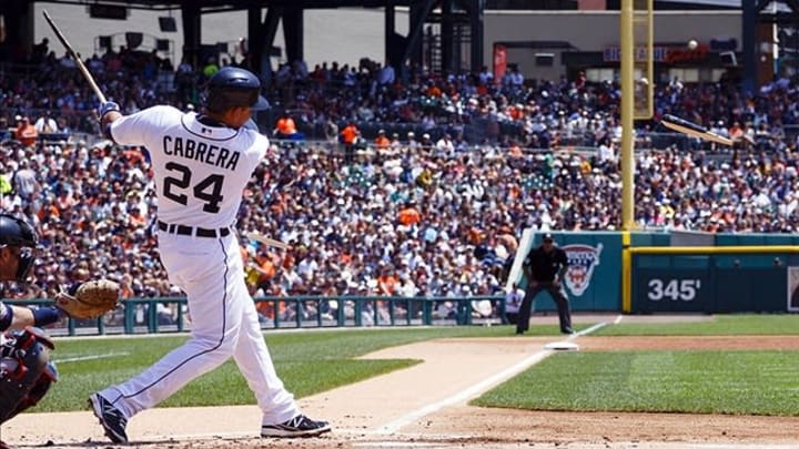 May 26, 2013; Detroit, MI, USA; Detroit Tigers third baseman Miguel Cabrera (24) shatters his bat in the first inning against the Minnesota Twins at Comerica Park. Mandatory Credit: Rick Osentoski-USA TODAY Sports