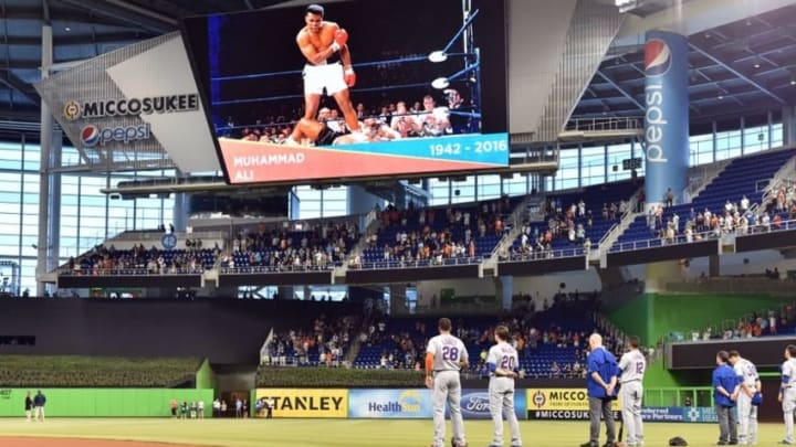 Jun 4, 2016; Miami, FL, USA; A moment of moment of silence to honor the Muhammad Ali prior to a game between the New York Mets and the Miami Marlins at Marlins Park. Mandatory Credit: Steve Mitchell-USA TODAY Sports