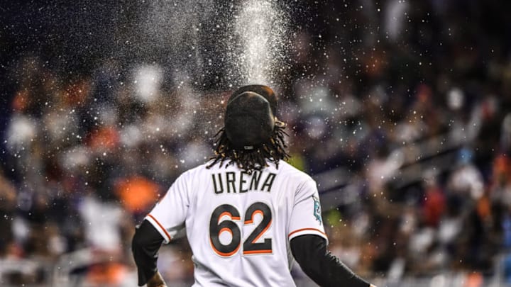 MIAMI, FL - JULY 29: Jose Urena #62 of the Miami Marlins sprays water heading to the pitchers mound in the fourth inning against the Washington Nationals at Marlins Park on July 29, 2018 in Miami, Florida. (Photo by Mark Brown/Getty Images) MIAMI, FL - JULY 29: Jose Urena #62 of the Miami Marlins sprays water heading to the pitchers mound in the fourth inning against the Washington Nationals at Marlins Park on July 29, 2018 in Miami, Florida. (Photo by Mark Brown/Getty Images)