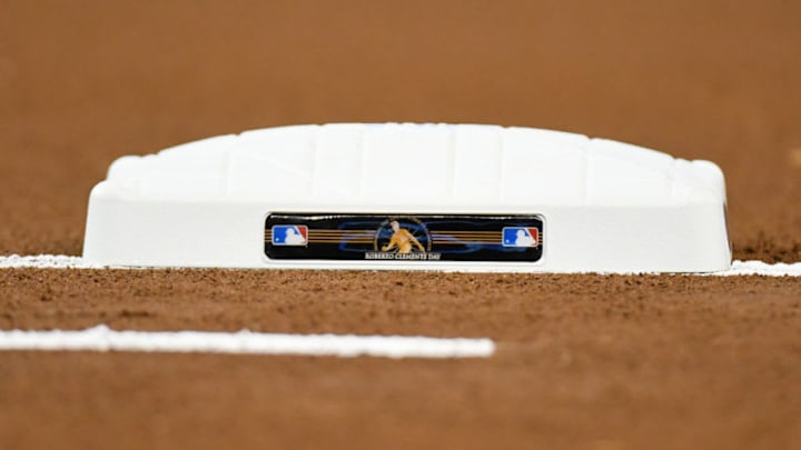 MIAMI, FL - SEPTEMBER 5: A detailed view of the first base bag used for the game between the Philadelphia Phillies and Miami Marlins for Roberto Clemente Day at Marlins Park on September 5, 2018 in Miami, Florida. (Photo by Eric Espada/Getty Images)