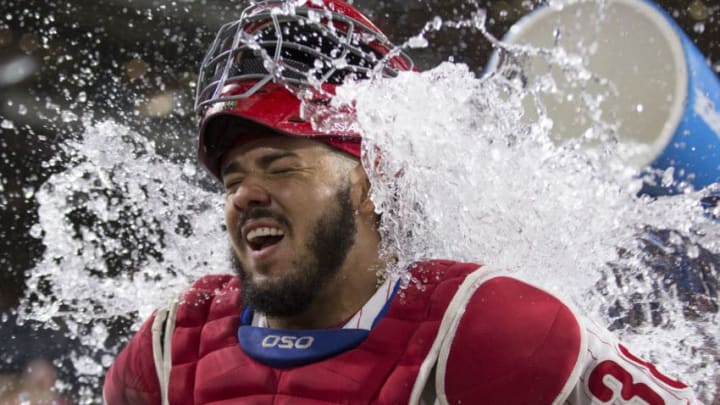 PHILADELPHIA, PA - SEPTEMBER 18: Jorge Alfaro #38 of the Philadelphia Phillies has water poured on him after the game against the New York Mets at Citizens Bank Park on September 18, 2018 in Philadelphia, Pennsylvania. The Phillies defeated the Mets 5-2. (Photo by Mitchell Leff/Getty Images)