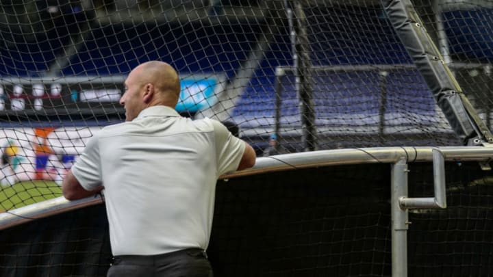 MIAMI, FL - MARCH 29: Chief Executive Officer Derek Jeter of the Miami Marlins watches batting practice prior to the game against the Colorado Rockies at Marlins Park on March 29, 2019 in Miami, Florida. (Photo by Mark Brown/Getty Images)