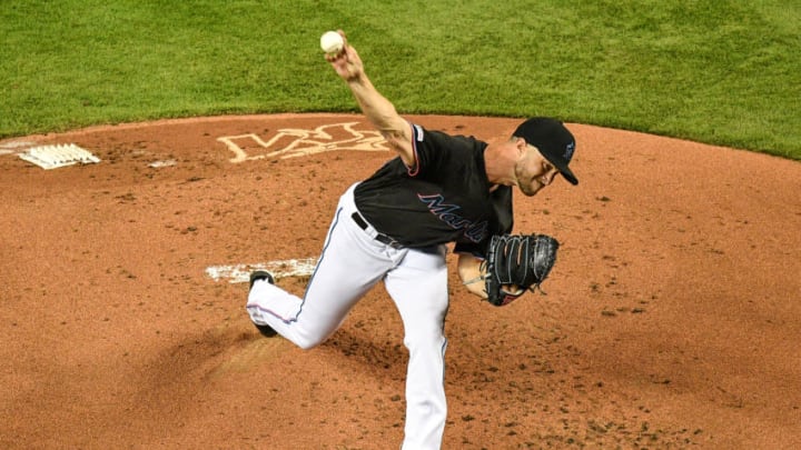 MIAMI, FL - MARCH 29: Trevor Richards #36 of the Miami Marlins throws a pitch in the second inning during the game against the Colorado Rockies at Marlins Park on March 29, 2019 in Miami, Florida. (Photo by Mark Brown/Getty Images)