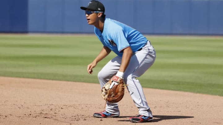 WEST PALM BEACH, FL - MARCH 04: Gosuke Katoh #81 of the Miami Marlins plays defense at first base in the seventh inning of a Grapefruit League spring training game against the Houston Astros at The Ballpark of the Palm Beaches on March 4, 2020 in West Palm Beach, Florida. The Marlins defeated the Astros 2-1. (Photo by Joe Robbins/Getty Images)