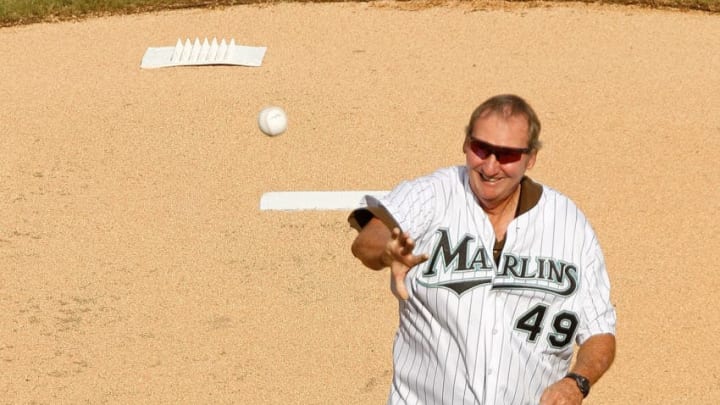 MIAMI GARDENS, FL - SEPTEMBER 28: Former Marlin Charlie Hough throws out the first pitch during the last game at Sun Life Stadium between the Florida Marlins and the Washington Nationals on September 28, 2011 in Miami Gardens, Florida. (Photo by Mike Ehrmann/Getty Images)